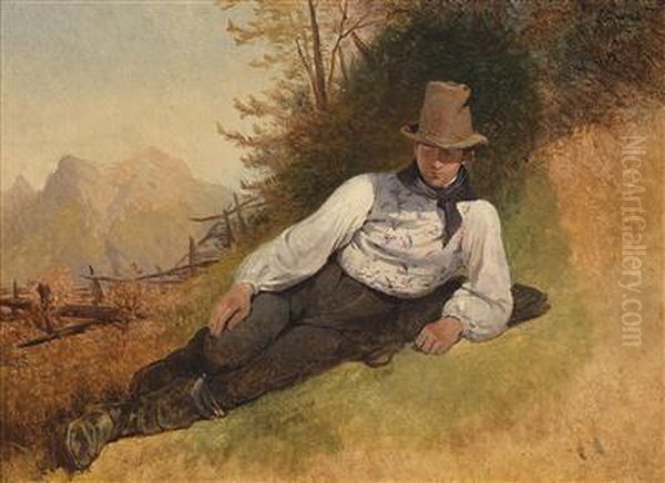 Farming Lad Lying In A Meadow Oil Painting by Friedrich Gauermann