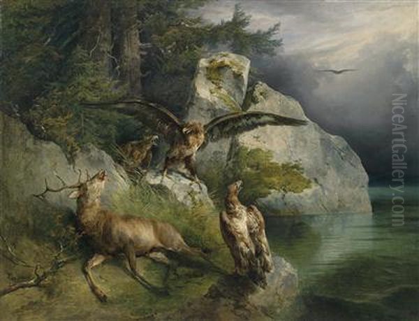 Eagles And Dying Stag On The Lakeshore Oil Painting by Friedrich Gauermann