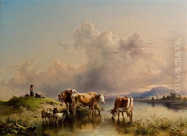 Herde Am Seeufer (lundenburger Gegend?) Oil Painting by Friedrich Gauermann