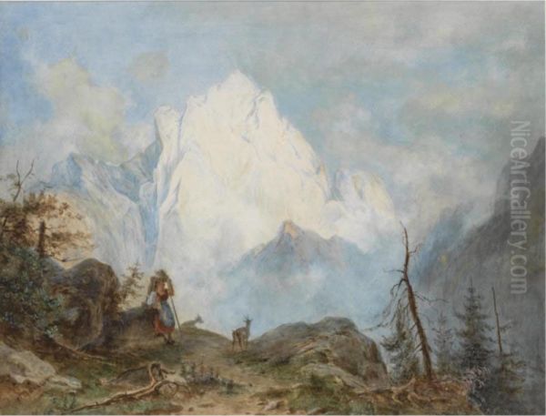 A Shepherdess In An Alpine Landscape Oil Painting by Jacob Gauermann