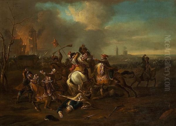 Wouverman Style Of, 18th Century: A Battle Scene Outside A Burning Village Oil Painting by Philip A. Gaugain