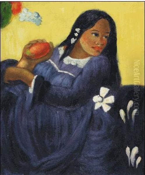 Woman With A Mango Oil Painting by T. Gauguin