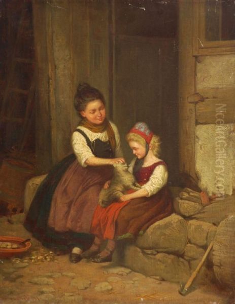 Two Young Girls Playing With A Cat Oil Painting by Franz Gaul