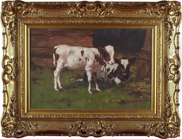 Calves By A Byre Oil Painting by David Gauld