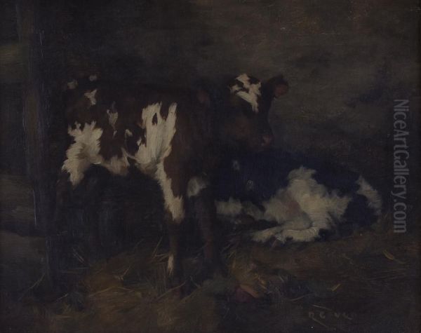 Calves In A Stable Interior Oil Painting by David Gauld