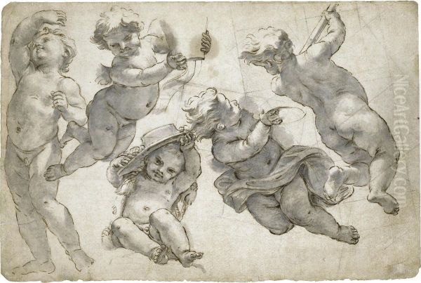 Five Putti, Bearing Ecclesiastical Oil Painting by Giovanni Battista (Baciccio) Gaulli