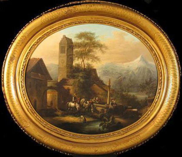 The Fountain Anistall On The Lake Oil Painting by Gaunermann