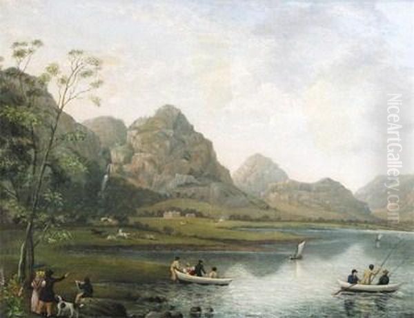 Fishermen In A Boat On A Lake With Figures On The Shore, Mountains Beyond Oil Painting by Jonas Gaunt