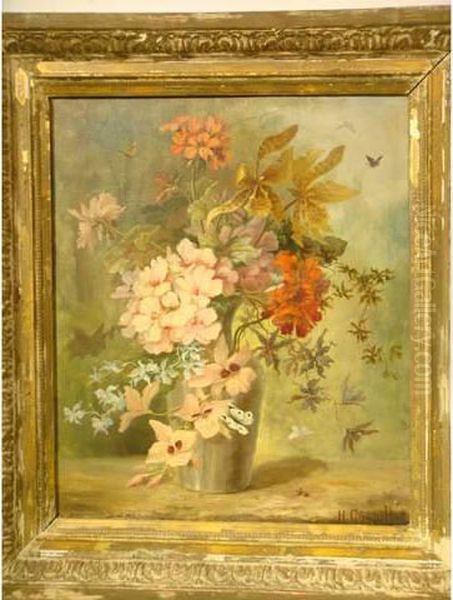 Liserons, Geraniums Et Papillons Oil Painting by Henry Gaupillat