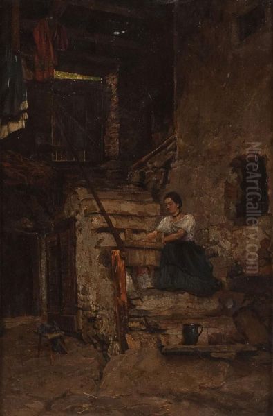 Junge Frau Auf Der Treppe Mit Waschzuber Oil Painting by Wilhelm Gause