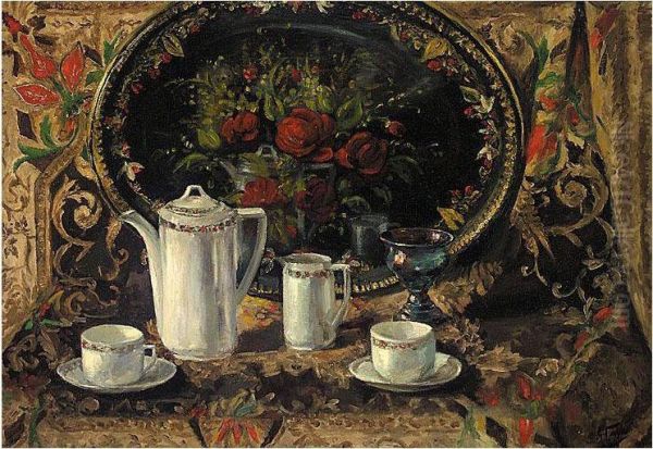 Still Life With Zhestovo Tray Oil Painting by Alexandre Fedorovich Gaush