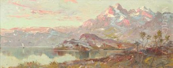 Mountain And Lake With Cabbagetrees Oil Painting by Joseph Gaut