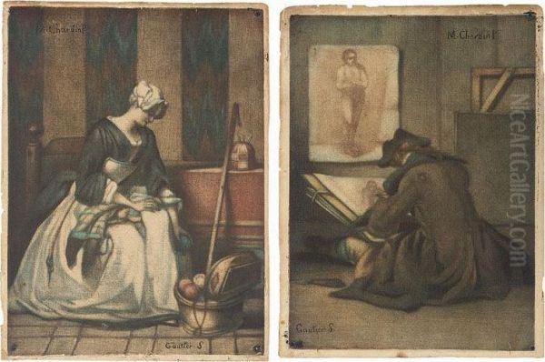 A Young Student Drawing; And The Tapestry Worker (bocher 15a; And 41) Oil Painting by Jean-Baptiste Andre Gautier Dagoty