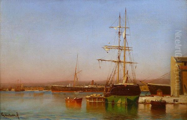 Bateaux Etpaquebots Au Port Oil Painting by Louis Francois Gautier