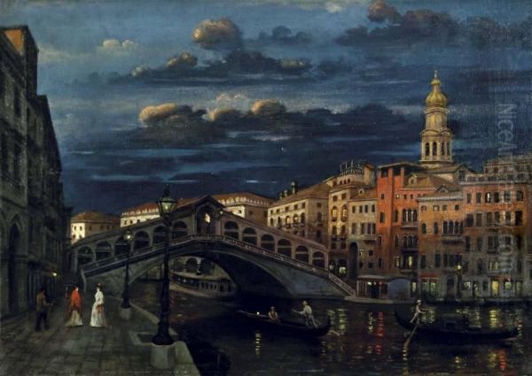 La Riva Del Vin A Venezia Oil Painting by Natale Gavagnin