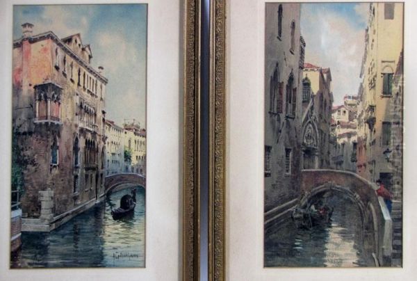 Pair Venice Canal Views Oil Painting by Natale Gavagnin