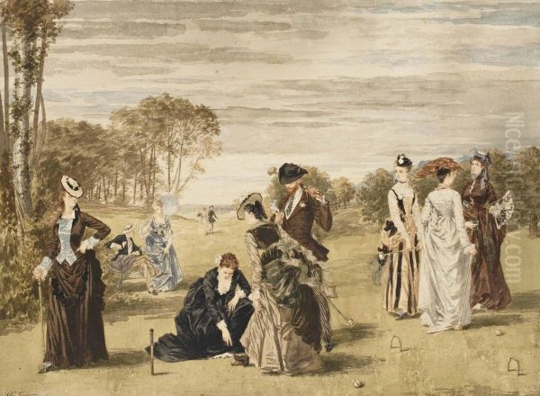 Elegants Jouant Au Croquet Oil Painting by Pierre Gavarni