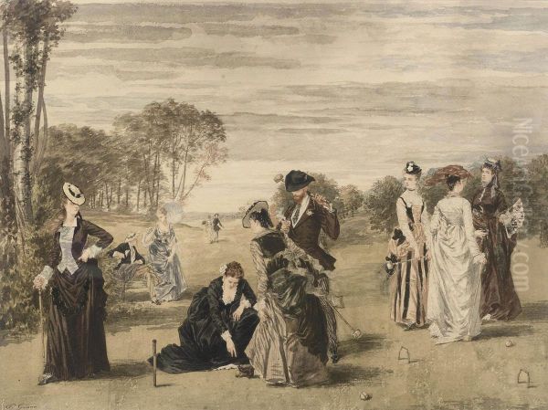 An Elegant Company Playing Croquet Oil Painting by Pierre Gavarni