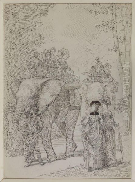 Promenade En Elephant Au Jardin Des Plantes Oil Painting by Pierre Gavarni