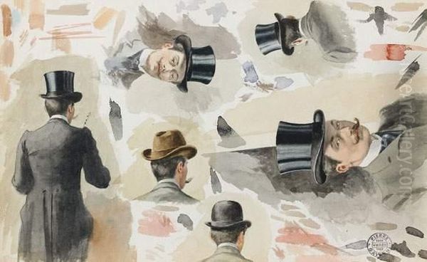 Etudes D'hommes Coiffes De Chapeaux Oil Painting by Pierre Gavarni