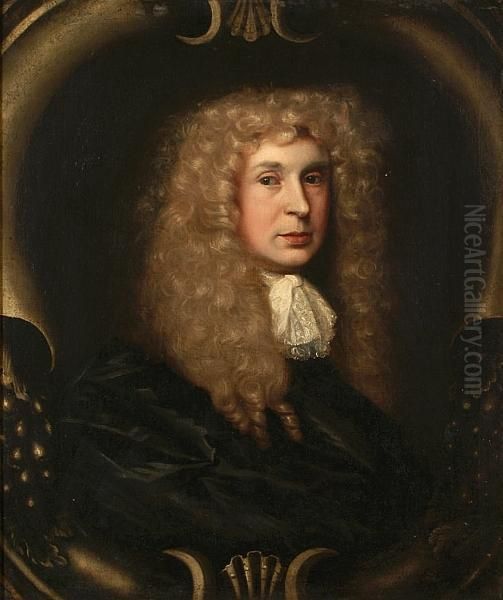 A Self Portrait, Bust Length, Having A Long Fair Wig And Wearing A Lace Jabot And Black Cloak, Within A Sculptural Painted Oval Oil Painting by John Gawdy