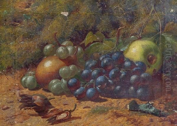 Still Life Of Fruit And Apples By A Mossy Bank Oil Painting by Louis Gawker