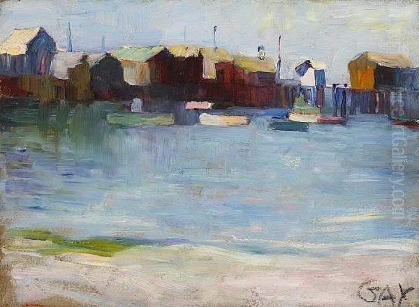 Boats In A Harbor Oil Painting by August Gay