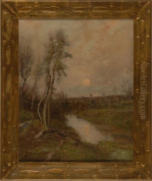 Sunset Over A Stream Lined With Birches Oil Painting by Edward B. Gay