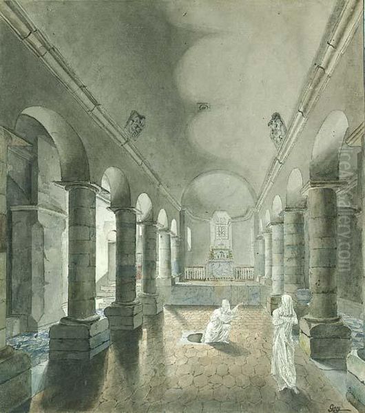 Two Ghosts Appearing From A Tomb In The Crypt Of A Romanesquechurch Oil Painting by Jean-Joseph-Pascal Gay