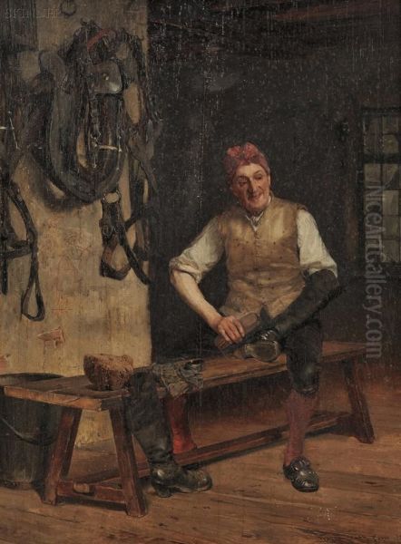 Groom Polishing Riding Boots Oil Painting by Walter Gay