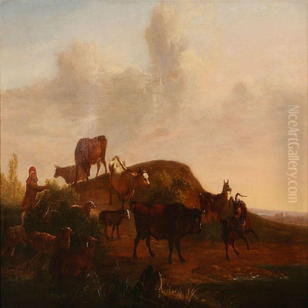 Shepherd With Cattle Oil Painting by Christian David Gebauer