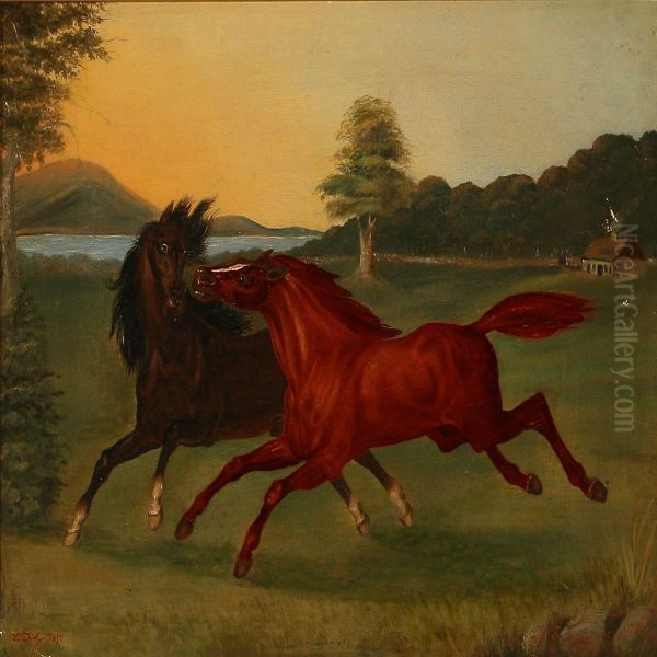 Landscape With Two Horses Oil Painting by Christian David Gebauer