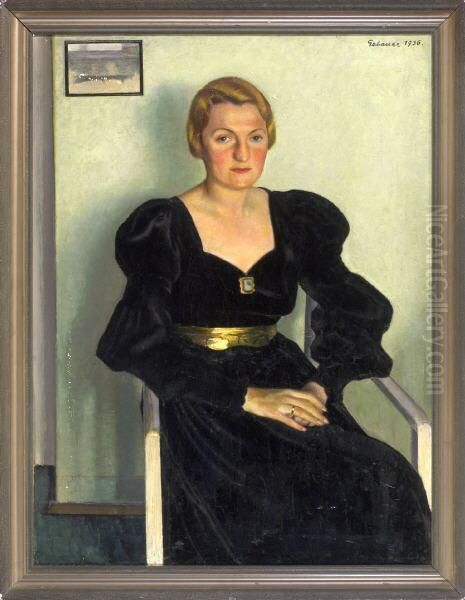 Portrait Einer Sitzenden, Blonden Dame Im Schwarzen Kleid Im Interieur, Kniestuck Oil Painting by Ernst Gebauer