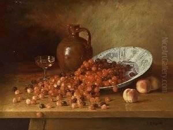 Cherries And Peaches With Wine Oil Painting by Ignaz Heinrich Gebhardt