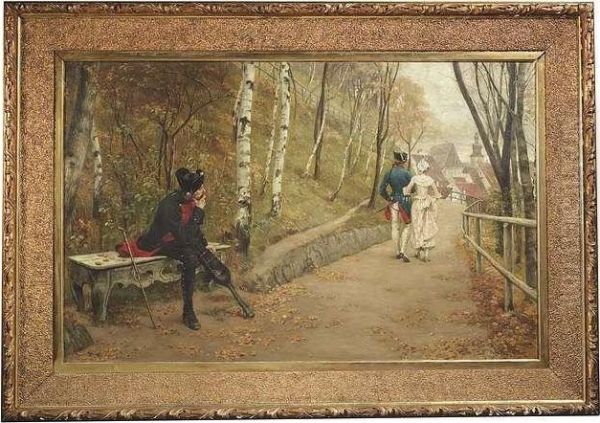 A Disabled Looks Thoughtfully To A Promenading Couple Oil Painting by Karl Gebhardt