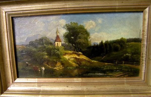 Kuhe Am Teich Vor Gebirgskapelle Oil Painting by Ludwig Gebhardt