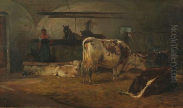 Bauernmagd In Einem Kuhstall Mit Drei Kuhen Und Zwei Pferden Oil Painting by Ludwig Gebhardt