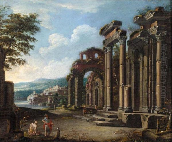 Italianate Landscape With Figures Amongst Classical Ruins Oil Painting by Wolfgang Magnus Gebhardt