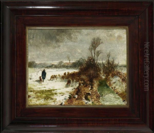 Schafhirte Mit Herde In Winterlicher Bachlandschaft. Oil Painting by Friedrich Otto Gebler