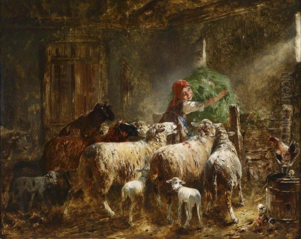 Feeding The Sheep Oil Painting by Friedrich Otto Gebler