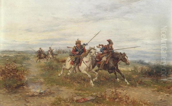 Krakow Cavalry Charge Oil Painting by Ludwik Gedlek