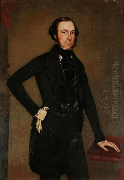 Portrait Of A Gentleman, Standing, With His Left Hand Resting On A Table Oil Painting by David Gee