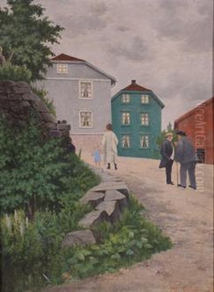 Bylandskap Med Mennesker Oil Painting by Ola Geelmuyden