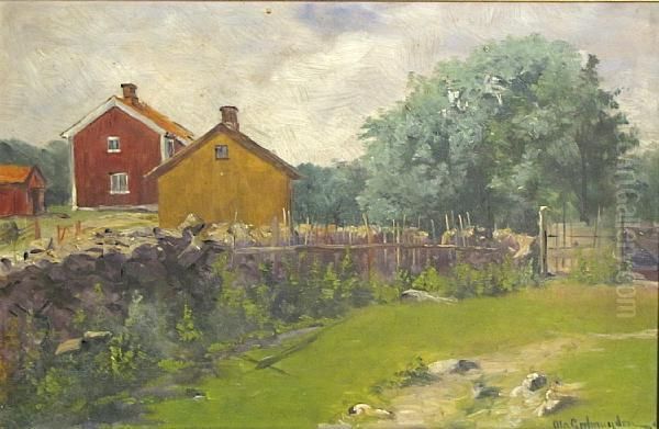 A Tranquil Farm Scene Oil Painting by Ola Geelmuyden