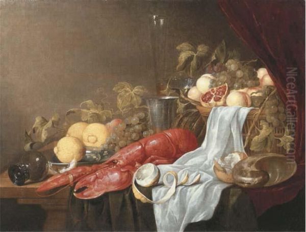 A Pronk Still Life Of A Roemer, A Partly Peeled Lemon, A Lobster, Alemon On A Pewter Plate, A Peach, Grapes, Lemons, A Melon, A Glassflute, A Silver Tankard, A Crystal Goblet, A Conch Shell And Abasket Heaped With Pomegranates, Grapes And Peaches With A W Oil Painting by Jasper Geeraerts