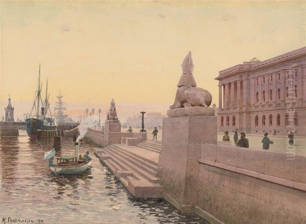 The Sphinxes On The Neva Embankment Oil Painting by Karl Geftler