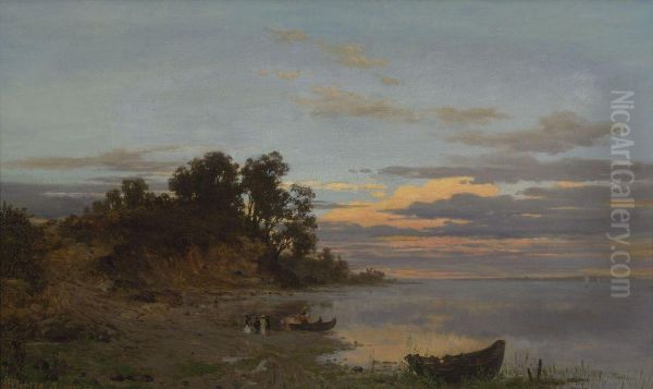 Boote Am Seeufer Im Abendrot Oil Painting by Jacob Gehrig