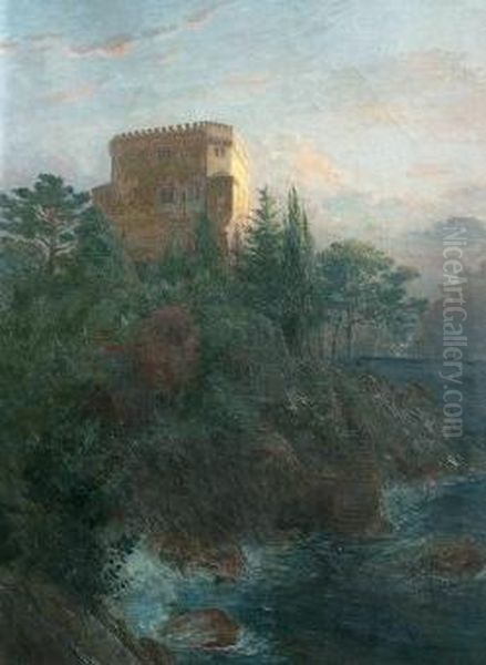 Abendstimmung Uber Mediterraner Kustenlandschaft Mit Einer Villa by Fritz Gehrke