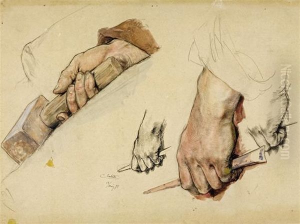 Several Hand Studies On One Sheet Oil Painting by Carl Gehrts