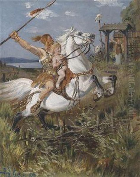 A Hun Riding Oil Painting by Johannes Gehrts